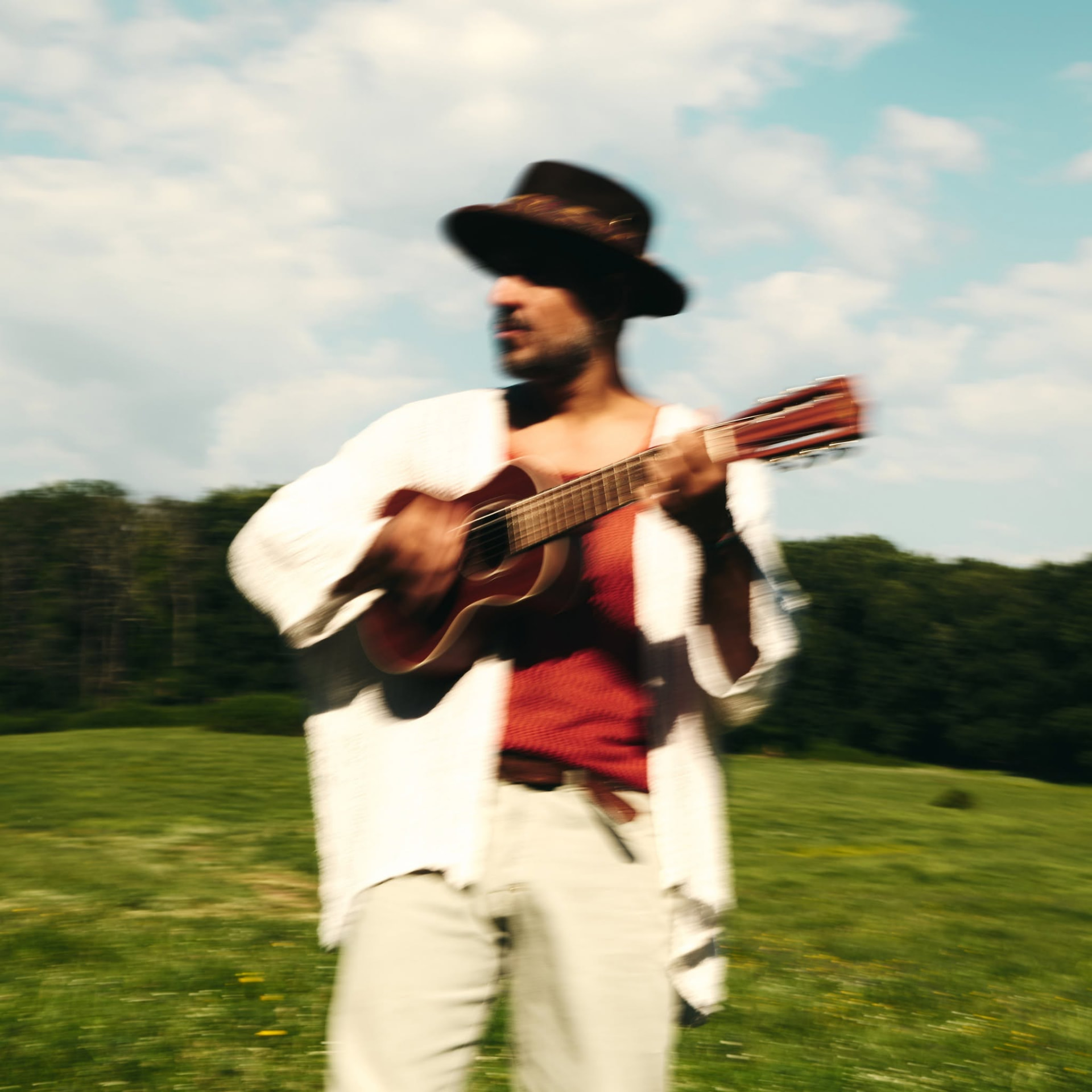 Mannarino con cappello e chitarra in un prato
